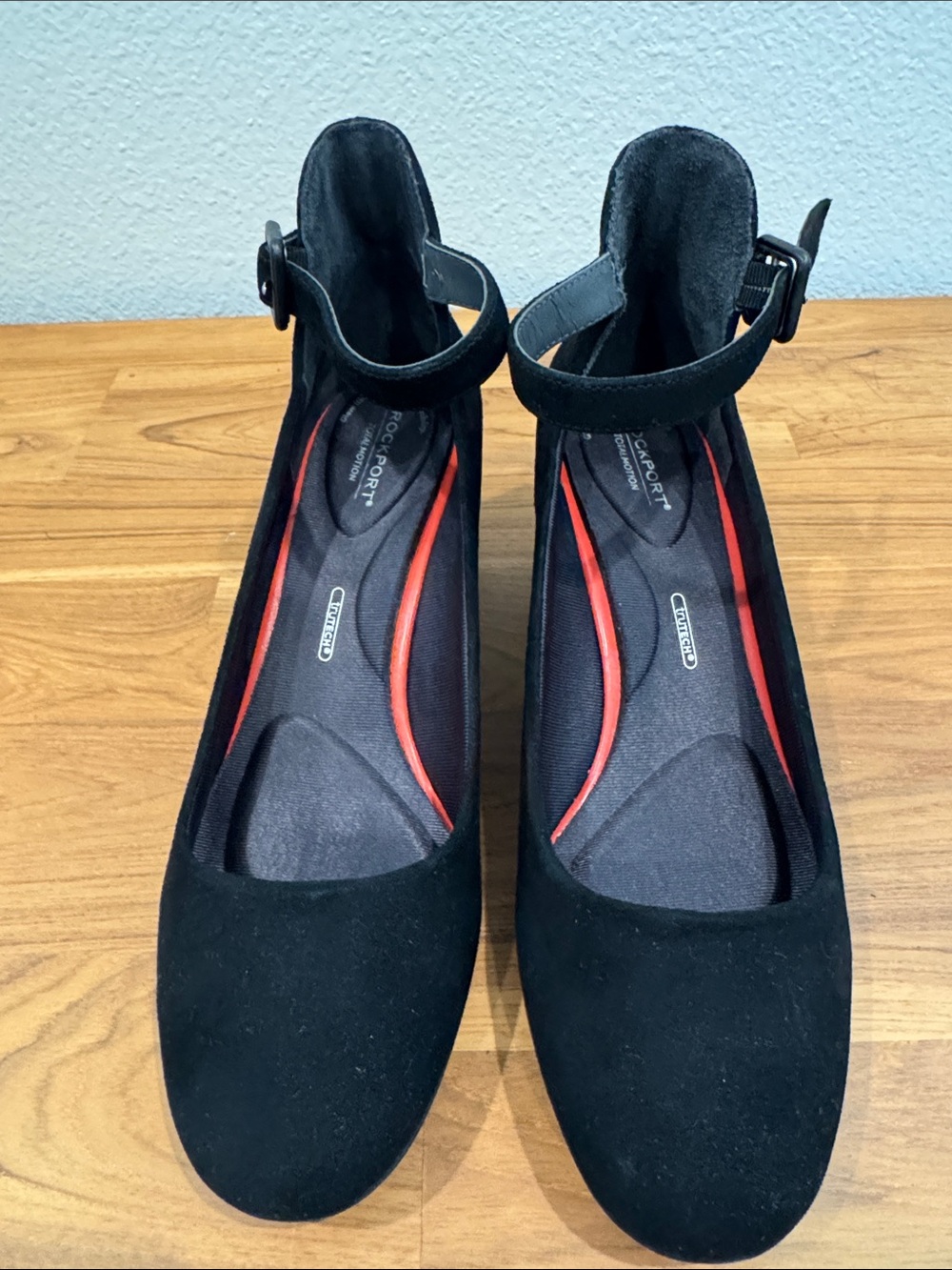 Rockport Black Ankle-Strap Flats with Red Insole Trim